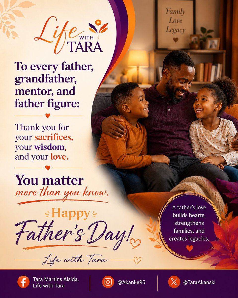 TaraAkanski's tweet photo. Today, we celebrate fathers, grandfathers, stepfathers, mentors, and every man who has chosen to love, guide, and support a child with the understanding that love is more than provision . Happy Father’s Day. #lifewithtara https://t.co/ewRJYkL6fl