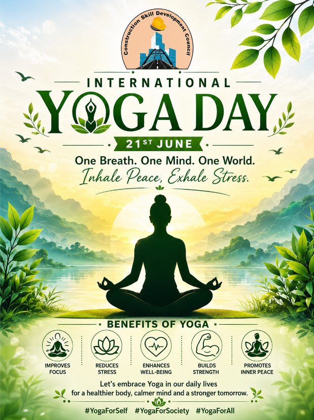 ConstructionSSC's tweet photo. On this International Yoga Day, the Construction Skill Development Council of India (CSDCI) encourages everyone to embrace yoga as a way of life. Yoga promotes physical well-being, mental clarity, inner peace, and a balanced lifestyle.
Warm wishes on International Yoga Day 2026. https://t.co/AF4cfKSbPI