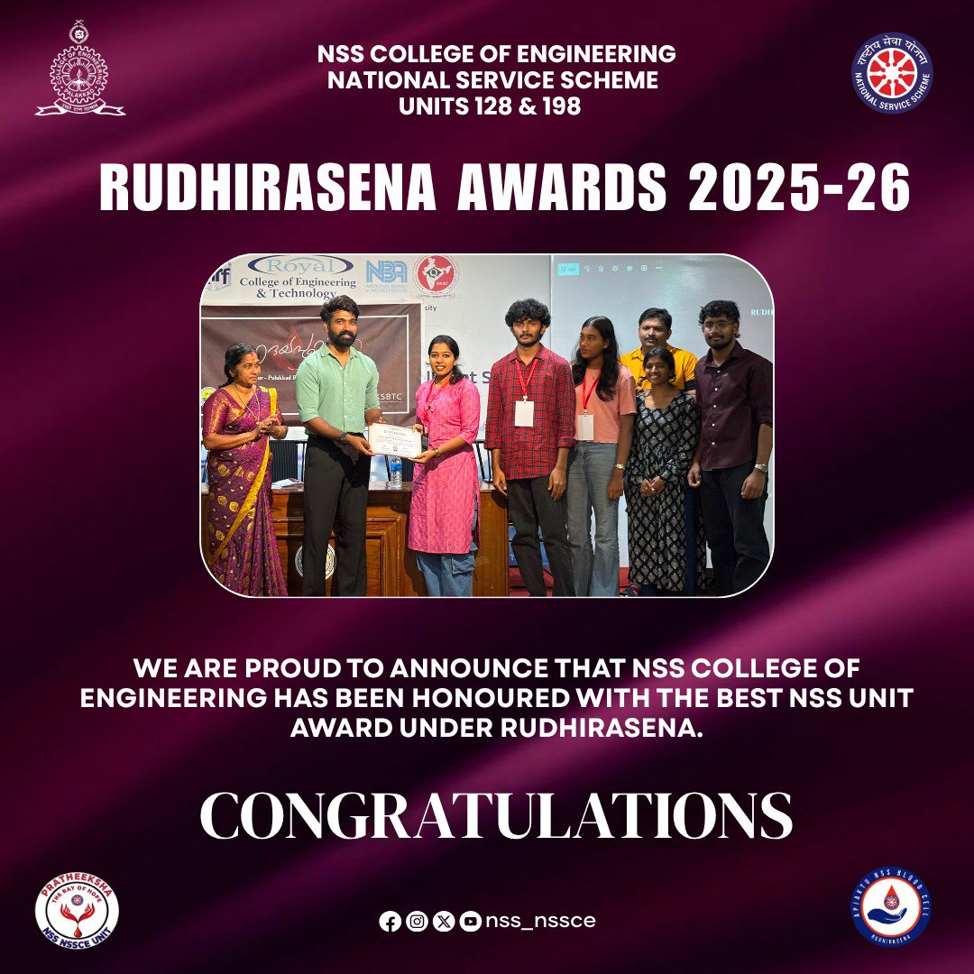 nssnssce's tweet photo. NOT ME BUT YOU ✨

NSS College of Engineering has been honoured with the Best NSS Unit Award under Rudhirasena (Thrissur–Palakkad Region) at the Rudhirasena Awards 2025–26, a proud achievement made possible by the dedication, teamwork and spirit of service of our volunteers. https://t.co/O96rsWyA6B