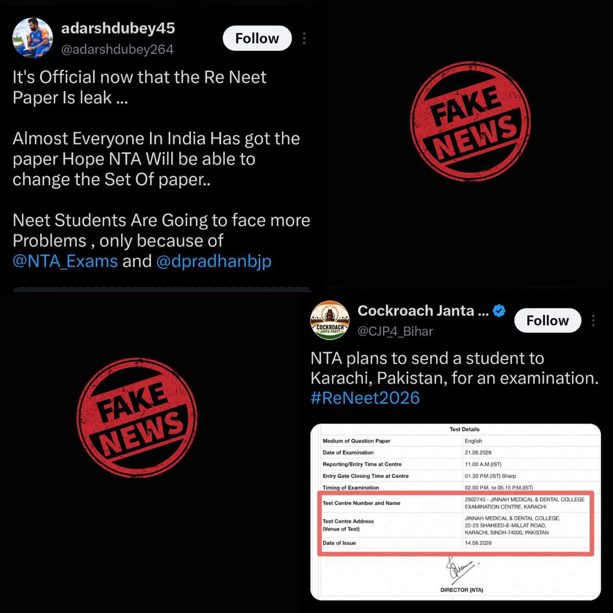 dibakardutta_'s tweet photo. There has been no paper leak ahead of the NEET re-test. And no student has been allotted Karachi as the exam centre.

Since yesterday, politically motivated Twitter handles have been exercising their 'freedom of speech' to spread rumours about the NEET re-exam.

Students are already in a state of extreme stress and panic. And these accounts are adding to it for political vendetta and engagement farming.

The good news is that the National Testing Agency has taken note of the matter and has registered cybercrime complaints against these accounts.

Now, these handles are citing 'satire' and 'free speech' as their defence for malicious rumour-mongering. 

Once the police take the admins into their custody, all dank fear-mongering experts and conspiracy theorists will go silent.

If you find more such instances, you can DM me. I will ensure that they are held accountable. 

#NEET