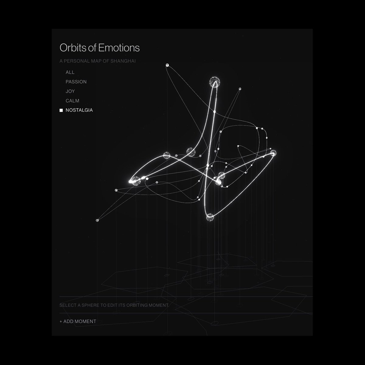 _echozhou's tweet photo. How do you map your feeling of a city?

We built an interactive map to document the subtle emotions and stories that happened in the city we love. 

The streets are gone; 
only the feelings are left. 

Each place floats as far up as the memory still carries it. 

Passion, joy, calm, nostalgia, 
each its own orbit.

In collaboration with @noyok1vasB