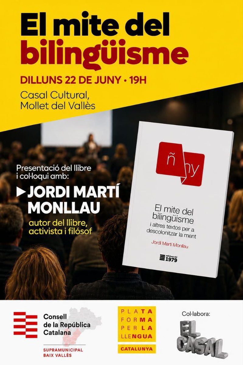 ANCMollet's tweet photo. 📢 Recordeu, demà dilluns ens hi juguem alguna cosa més que una conferència sobre llengua.
1️⃣Per què cada vegada costa més viure plenament en català?
2️⃣És realment el bilingüisme una convivència entre iguals?
3️⃣Què és el "dolor de llengua"?

No hi faltis. https://t.co/QX3XiDBxzE
