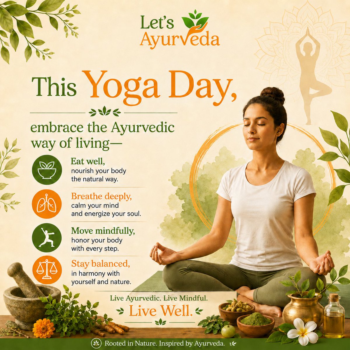 lets_ayurveda's tweet photo. This Yoga Day, choose a lifestyle that supports your body, mind, and inner balance.

Eat well. Breathe deeply. Move mindfully. Stay balanced.
Small daily habits can create lasting wellness when guided by the wisdom of Ayurveda.

#InternationalYogaDay #YogaDay #YogaForWellness https://t.co/YkYW8csNKx