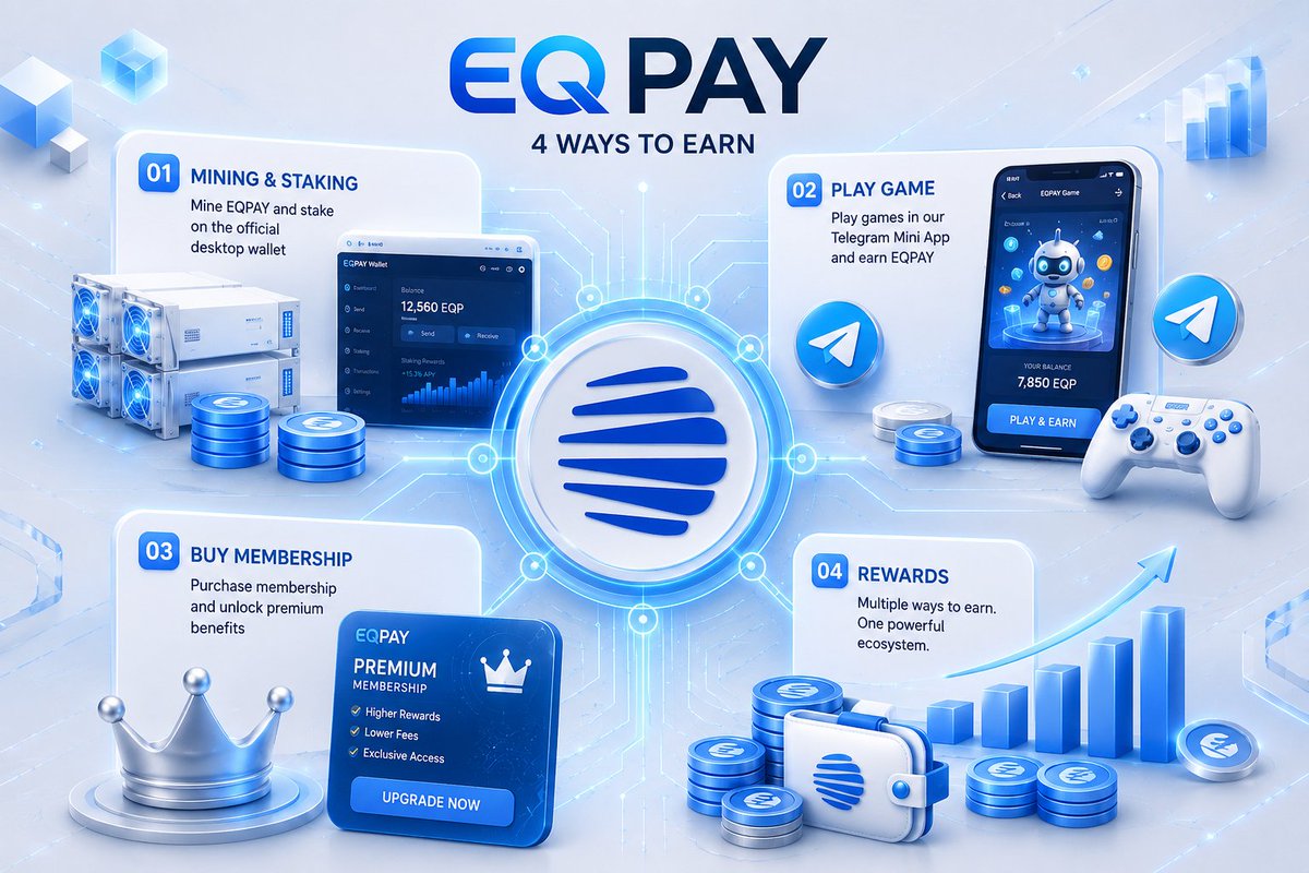 EquityPay_Org's tweet photo. 💎 4 Ways to Earn with $EQPAY

Why choose just one income stream when you can have four?

✅ Mine EQPAY on the Official Desktop Wallet
✅ Stake EQPAY and earn passive rewards
✅ Play our Telegram Mini App and get rewarded
✅ Buy Membership and unlock exclusive benefits

One ecosystem. Multiple earning opportunities.

⚡ Fast Transactions
🖥 Secure Desktop Wallet
🎮 Gamified Rewards
👑 Premium Membership

#Crypto #Mining #Staking #TelegramGame #PassiveIncome #Web3