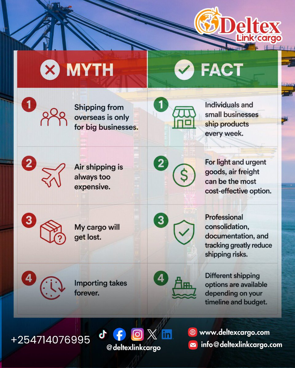 deltexlinkcargo's tweet photo. Myths vs Facts! 
Think importing is only for big businesses?Think again! 
Ship smarter,save more and import with confidence.Your next order could be just one shipment away! 🌍📦
#DeltexLinkCargo #ImportMadeEasy  #AirFreight #SeaFreight #KenyaImports https://t.co/cirpVL8pV5