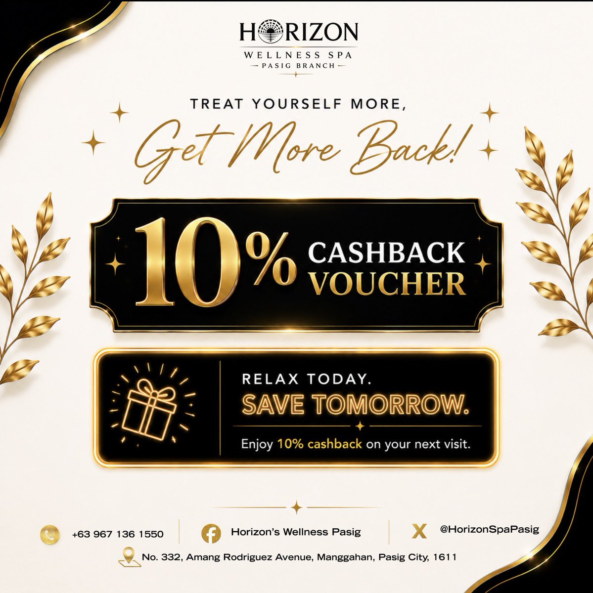 HorizonSpaPasig's tweet photo. 💆‍♂️ End the Week the Relaxing Way.

Before the new week begins, take time to recharge your mind and body. 🌿

Leave the stress behind and enjoy a well-deserved massage at Horizon Wellness Spa Pasig.

🎁 Plus, claim your 10% Cashback Voucher and make your relaxation even more rewarding!

👋 Our therapists on duty are ready to serve you and help you end your weekend feeling refreshed and renewed.

💛 A better week starts with a relaxing Sunday.

📩 Book your appointment today!