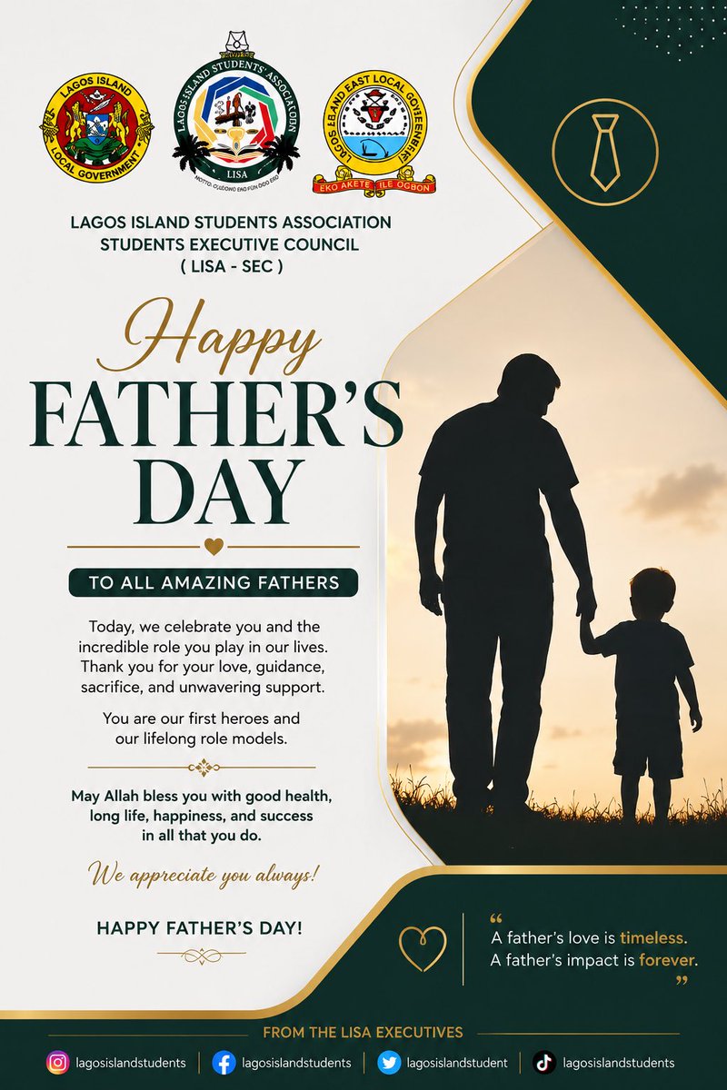 LISA_SEC's tweet photo. LAGOS ISLAND STUDENTS ASSOCIATION (LISA)
1st Students Executive Council (LISA SEC)

✨ HAPPY FATHER’S DAY ✨

Today, we celebrate all fathers and father figures for their love, sacrifices, and guidance.

Thank you for being pillars of strength and inspiration.

Happy Father’s Day https://t.co/43FPpmh0ql