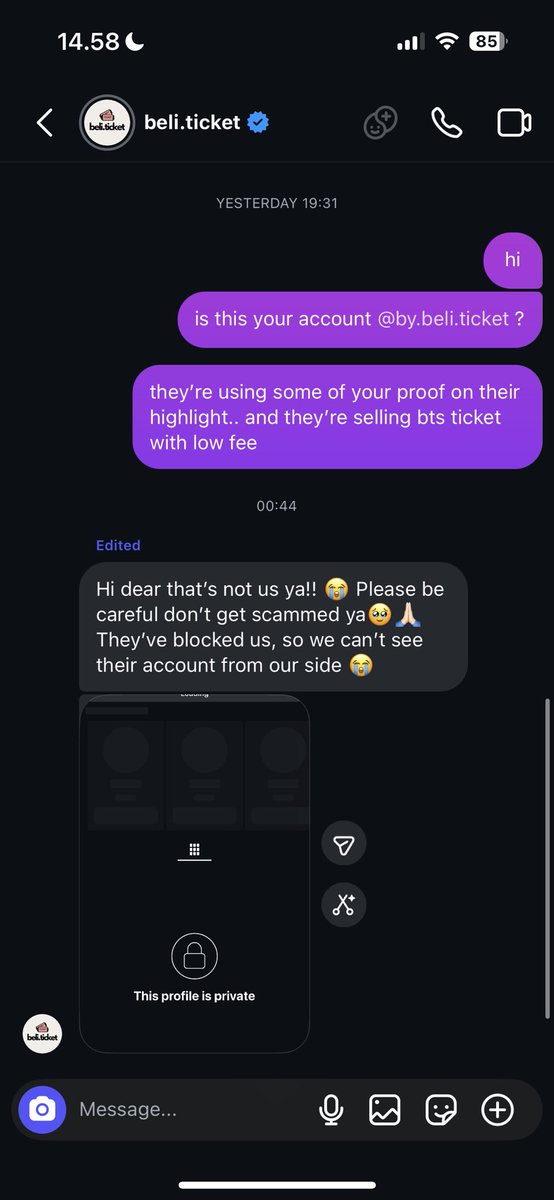 juyeonpie's tweet photo. Guys hati2 ya sama akun @by.beli.ticket di instagram. Mereka jual harga tiket bts arirang jakarta dgn fee rendah terus pas di stalk feed dan highlightnya ada ngambil proof dari akun jastip luar negri @beli.ticket https://t.co/LLEywjMDps