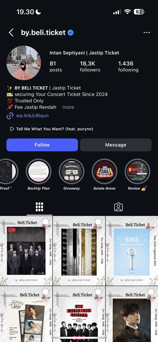 juyeonpie's tweet photo. Guys hati2 ya sama akun @by.beli.ticket di instagram. Mereka jual harga tiket bts arirang jakarta dgn fee rendah terus pas di stalk feed dan highlightnya ada ngambil proof dari akun jastip luar negri @beli.ticket https://t.co/LLEywjMDps