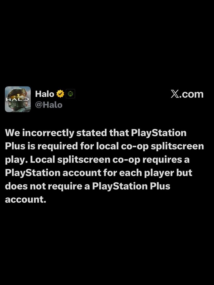 CultureCrave's tweet photo. Halo Studios says it made a mistake regarding the PS5 requirements for ‘Halo: Campaign Evolved’ 🎮

• Local split-screen co-op does not require PlayStation Plus

• Each player still needs their own PlayStation account https://t.co/whNQp51G4h