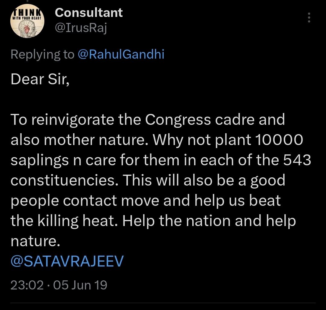 IrusRaj's tweet photo. 7 years ago I suggested planting 10,000 saplings in each Lok Sabha constituency.

Today, I'd add one condition:

Every sapling must have a guardian.

🌳 One Crore Trees
🌳 One Crore Guardians

People protect what they nurture.

@RahulGandhi https://t.co/twfX2oMEWW