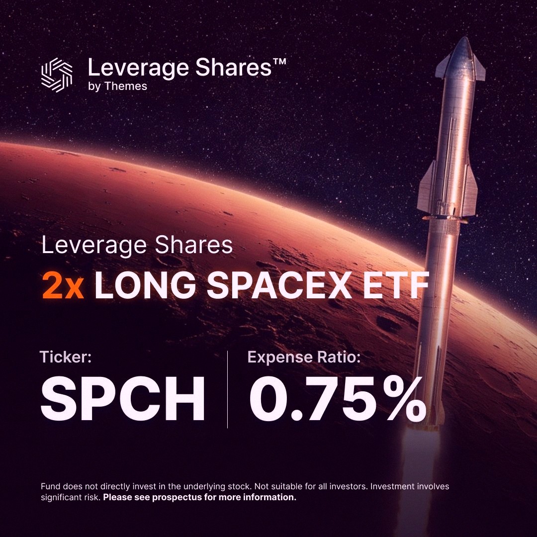 SariBacon's tweet photo. A brand new ETF just broke the record for biggest launch ever 🚀

The Leverage Shares 2x Long SpaceX ETF ($SPCH) saw $4 billion in trading volume in its first week

That beats every other ETF in history for week one, including IBIT and DRAM

And it did it in just 4 days be https://t.co/GCS78kyUzx