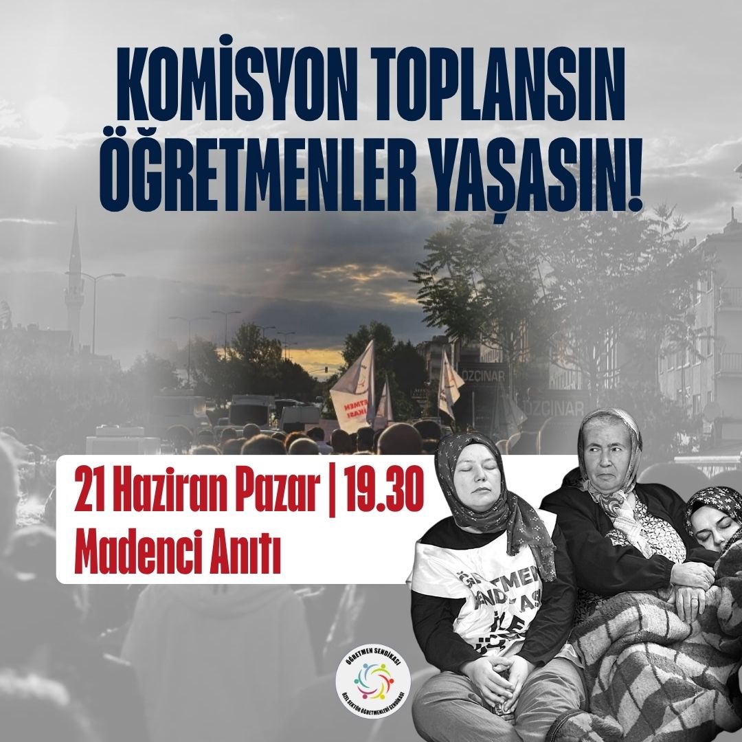 ogretmensendika's tweet photo. Açlık grevindeki öğretmenler olarak bir haftayı geride bırakırken sesimizi duyurmaya, taleplerimizi yinelemeye devam ediyoruz. Verilen sözlerin tutulmasını, Milli Eğitim Komisyonu’nun bir an önce toplanmasını ve öğretmenlerin yaşadığı mağduriyetlerin giderilmesini istiyoruz.

Günlerdir süren açlık grevine rağmen mücadelemizden vazgeçmiyoruz. Öğretmenlerin yaşam hakkı, çalışma hakkı ve geleceği için bir araya gelmeye devam ediyoruz.

Tüm halkımızı, dayanışma göstermek isteyen herkesi yanımızda olmaya çağırıyoruz!

📍 Madenci Anıtı
🗓 21 Haziran Pazar
🕢 19.30

#AyşenGürcanKomisyonuTopla
#ÖğretmenlerAçlıkGrevinde

@ProfDrAGurcan @NazimMavis @ozmehmetemin @ZehraNurAydemr @ozturkercn @kemalkarahanmv @mhulkicevizoglu @YucelArzen  @makif_yilmaz @latifselvi42 @IbrahimUKaynak @rukiye_toy @yilmazbuyukaydn @ismetguneshan17 @elvangezmischp @yalimhalici @FethiAcikel @Suat_Ozcagdas @fazilkasap @drmadiguzel @ilyastopsakal @saffetsancakli @YLMZHUN @KezbanKonukcu @PerihanKoca @senolsunat @mehmetkaramansp