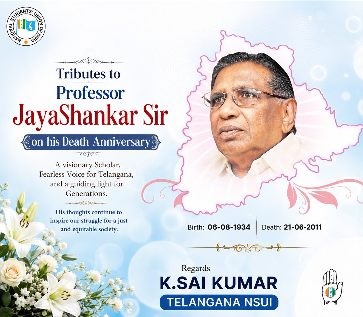 SaiKakerla's tweet photo. Humble tributes to Jayashankar Garu  on his death Anniversary 
His dedication, service, and values continue to inspire generations. We remember his contributions with gratitude and respect.

#jaitelangana #joharprofessorjaishankarsir https://t.co/88oyVRztaI