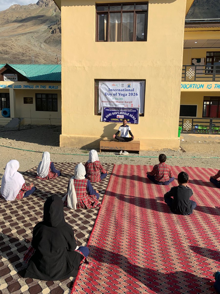 MYBKargil's tweet photo. MyBharat Kargil proudly celebrated International Day of Yoga 2026 at Govt. PM Shri MMS Lungma Trespone, Kargil. MyBharat volunteers, and teachers participated in a Yoga session promoting health, mindfulness, and well-being.
#MyBharat #MyBharatKargil #InternationalDayOfYoga2026 https://t.co/LAnbCN3vP5