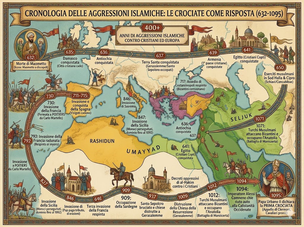 itsmeback_'s tweet photo. Ricordo: le Crociate furono una risposta a oltre 400 anni di aggressioni islamiche contro cristiani ed Europa.

632: Maometto muore.

635: I musulmani conquistano la città cristiana di Damasco.

636: I musulmani conquistano la città cristiana di Antiochia.

637: I musulmani conquistano la Terra Santa.

639: I musulmani conquistano il primo paese cristiano, l'Armenia.

641: I musulmani conquistano il paese cristiano copto dell'Egitto.

650: Gli eserciti musulmani raggiungono il sud Italia e Cipro, prendendo migliaia di prigionieri come "schiavi" e "concubine".

711: I musulmani invadono la Spagna, e entro il 715 ne hanno conquistata la maggior parte.

717: I musulmani assediano Costantinopoli ma vengono respinti.

730: I musulmani invadono la Francia, ma vengono fermati da Carlo Martello nella battaglia di Poitiers.

792: Il governatore di Al-Andalus chiama all'invasione della Francia, e gli eserciti musulmani vengono radunati per attaccarla di nuovo, ma vengono respinti.

827: I musulmani invadono la Sicilia e l'Italia, perseguitando i monaci. La Sicilia rimane sotto dominio islamico fino al 1092.

846: I musulmani invadono Roma e costringono il Papa a pagare un tributo.

848: Una terza invasione della Francia avviene, e vengono respinti per la terza volta.

909: I musulmani occupano la Sardegna.

937: La Chiesa del Santo Sepolcro viene data alle fiamme dai musulmani, e altre chiese a Gerusalemme vengono distrutte.

1009: Distruzione della Chiesa della Resurrezione a Gerusalemme.

1012: Inizio dei decreti oppressivi di al-Hakim contro i cristiani.

1071: I musulmani turchi attaccano i Bizantini e occupano gran parte dell'Anatolia.

1094: L'imperatore bizantino Alessio I Comneno chiede aiuto alla cristianità occidentale contro le invasioni turche musulmane.

1095: Papa Urbano II dichiara finalmente la Prima Crociata.

- Palestina Sfatata