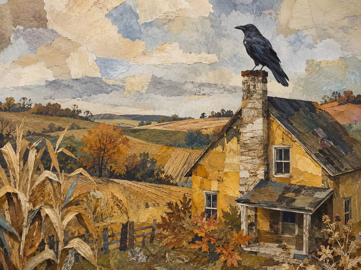Rabenherz's tweet photo. @RenRose321 A crow on a chimney has a way of making even a peaceful farmhouse feel observed. https://t.co/Y4cIoRtYM6