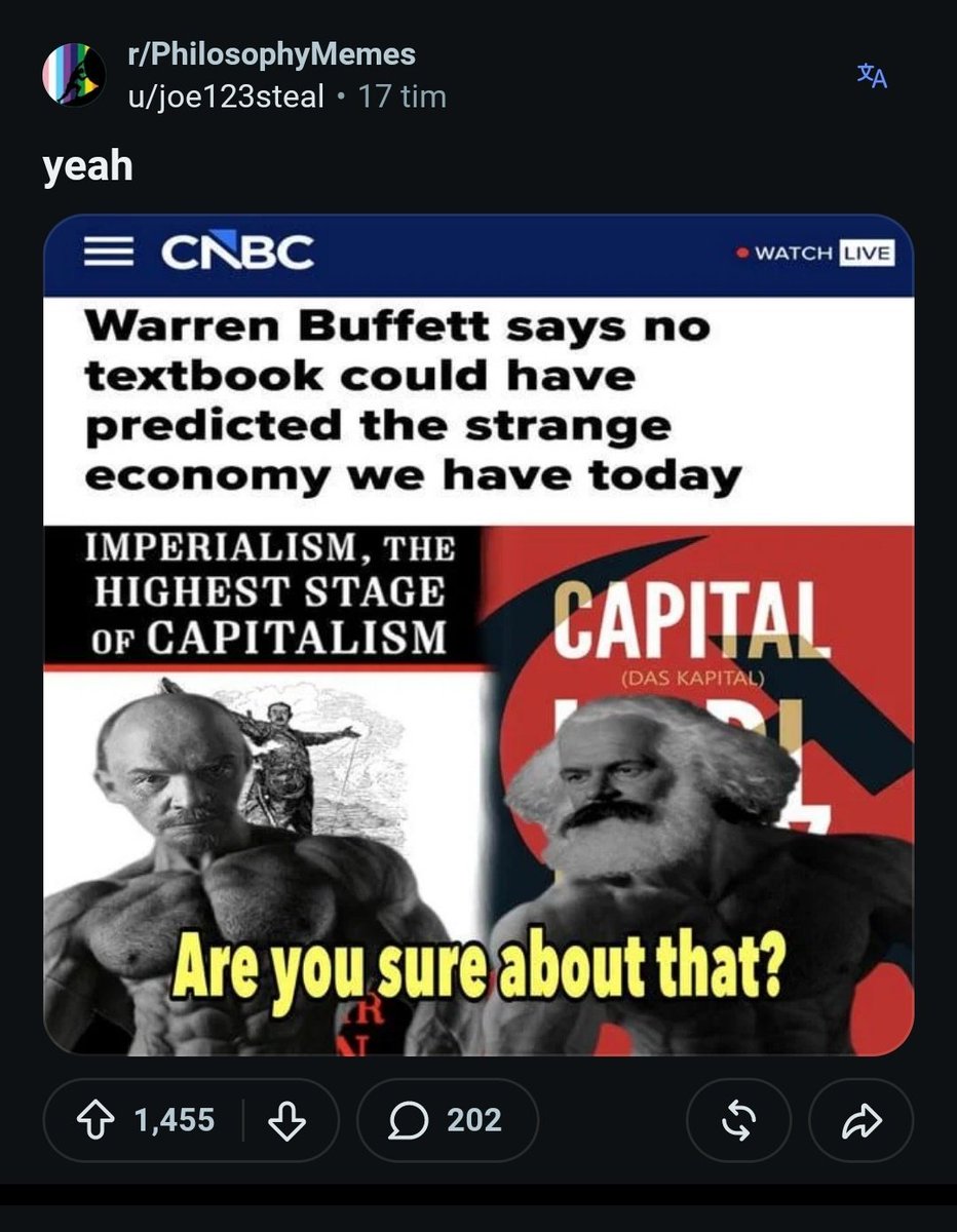 Linus200712345's tweet photo. "Marx (or Lenin) predicted this"

"Did you read Marx?"

"No, did you?"

"No" https://t.co/uHEPWWMh9U