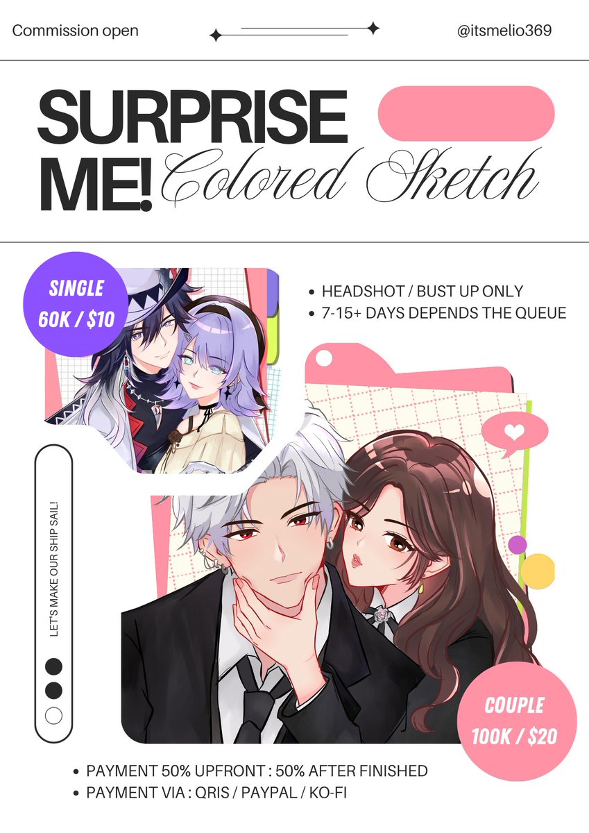 itsmelio369's tweet photo. COMMISSIONS OPEN🐬
↻+♡ are appreciated

Hi! My commission open  for local (ID) and international. 
I only open for this menu this time. 

​DM me if you're interested or if you have any questions! 
Thank you for the support! 

[More Info below] https://t.co/A8c6hhm7oZ