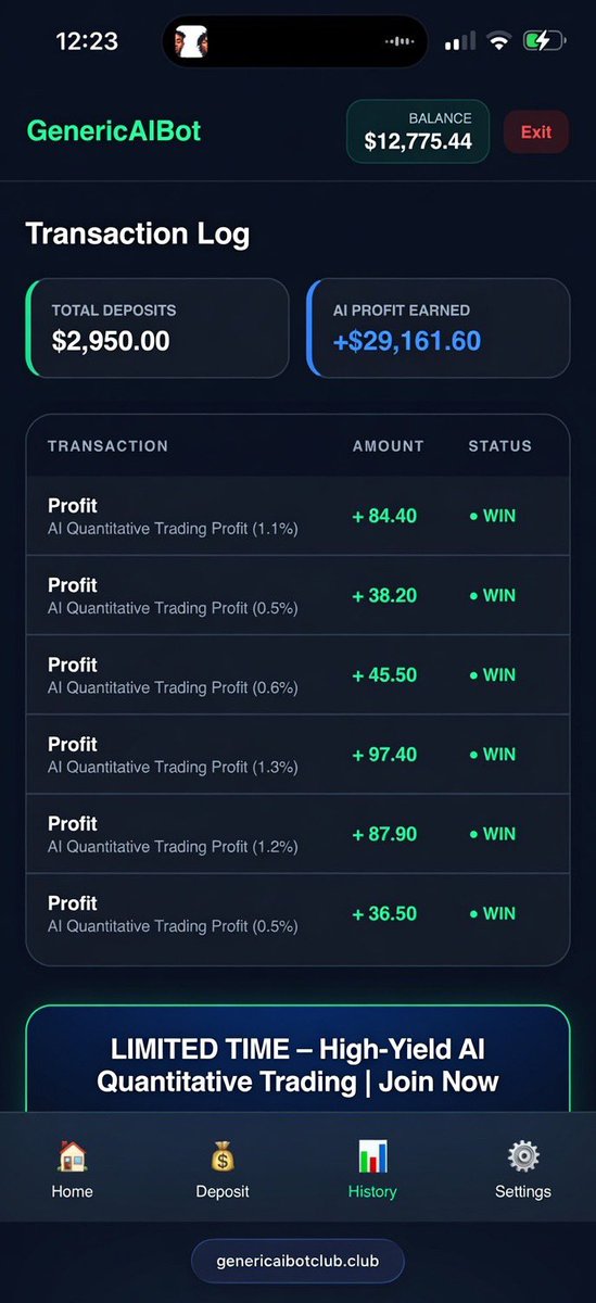 GenericbotClub's tweet photo. Built a sleek Telegram-style AI trading bot that delivers consistent profits. Live transaction log +$29K AI earnings from smart quant strategies (multiple 0.5–1.3% wins today).
Real-time balance: $12,775. Fully automated, transparent, and performing strong.

Link in bio 👇🏻 https://t.co/DEXhMpqGNj