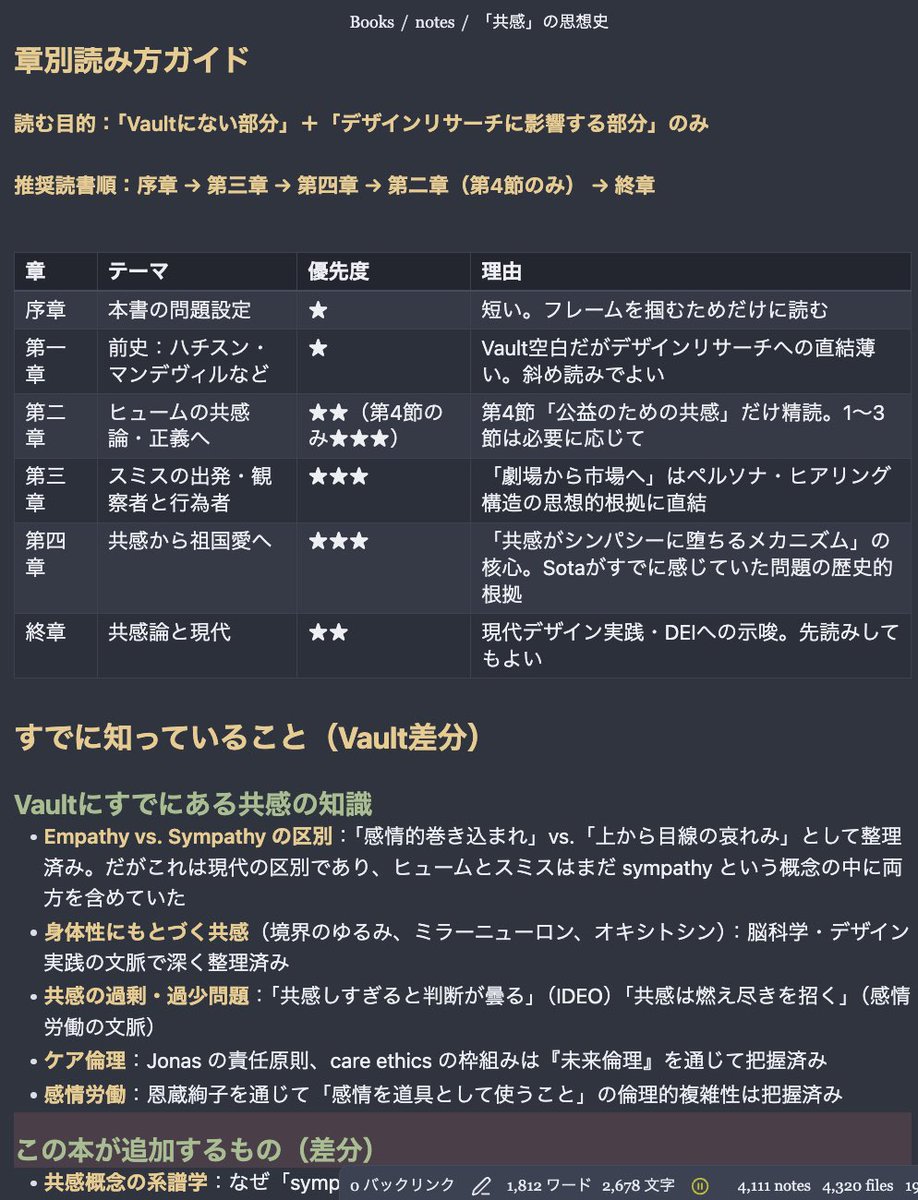 sosoyamachu's tweet photo. AI読書フローを作ってみた✌️

気になる本を伝えると、Obsidianに溜めている知識との差分を整理して、読むべき章の優先度を出してくれる。

さらに「この差分についてどう考える？」と壁打ちしながら、読む場所だけじゃなく読み方まで一緒に考えてくれる。 https://t.co/C3C3DIZed9
