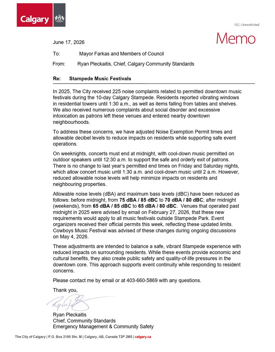 JeromyYYC's tweet photo. Rob, the limit is 70 dBA before midnight, not 50. Even after midnight on weekends, it is 65 dBA. That is 100x more sound intensity than you claim.

Calgary still runs later than Coachella on weekends and weeknights. You now have the facts. What you do next shows whether you were in error, or were trying to mislead.