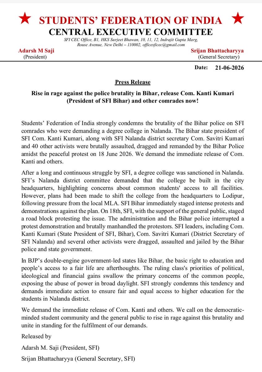 SFI_CEC's tweet photo. Rise in rage against the police brutality in Bihar!

Release SFI Bihar State President comrade Kanti Kumari and other comrades now! https://t.co/0JezoVhim2