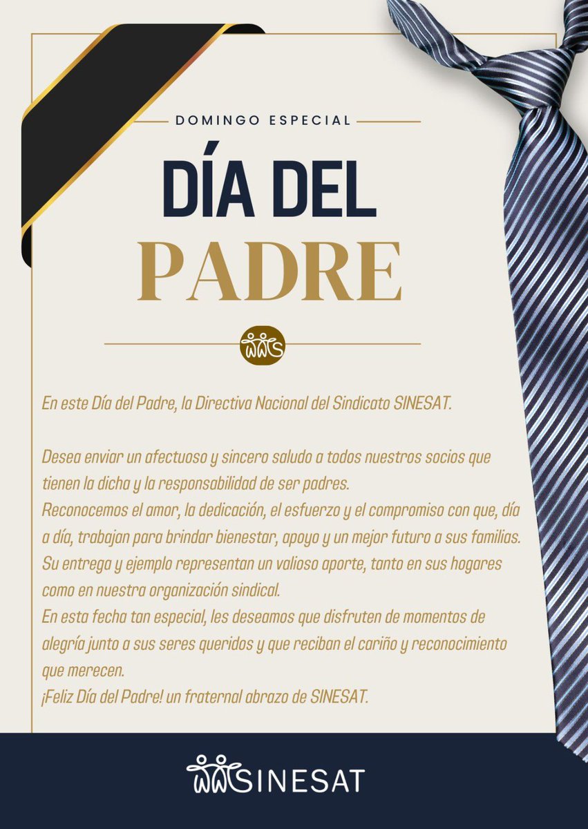 SSinesat's tweet photo. En este Día del Padre, la Directiva Nacional de SINESAT saluda fraternalmente a todos nuestros socios que tienen la dicha y responsabilidad de ser padres. Reconocemos su esfuerzo, dedicación y compromiso diario con sus familias.

¡Les deseamos un feliz Día del Padre! 💙 https://t.co/a0zT4aUYci