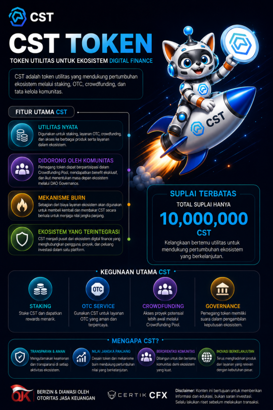kopigoceng14's tweet photo. 🚀 Kenalan dengan CST Token!

Bukan sekadar token kripto, CST Token hadir dengan utilitas nyata untuk mendukung ekosistem digital finance melalui:

✅ Staking
✅ OTC Service
✅ Crowdfunding
✅ Governance Komunitas

Dengan suplai terbatas hanya 10 juta CST.
#Web3 #Crypto #CSTToken https://t.co/XXHcw8egIo
