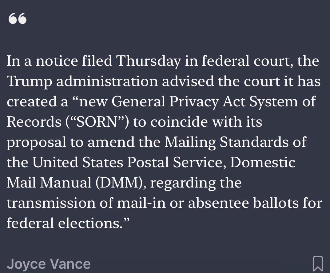 JoyceWhiteVance's tweet photo. Trump is trying to shift the decision about who gets to vote from the states to his administration, using benign sounding administrative procedures, and an executive order that few people are paying attention to. There’s nothing more important to be aware of right now than this. Details here: https://t.co/8dvrOO8Zy6