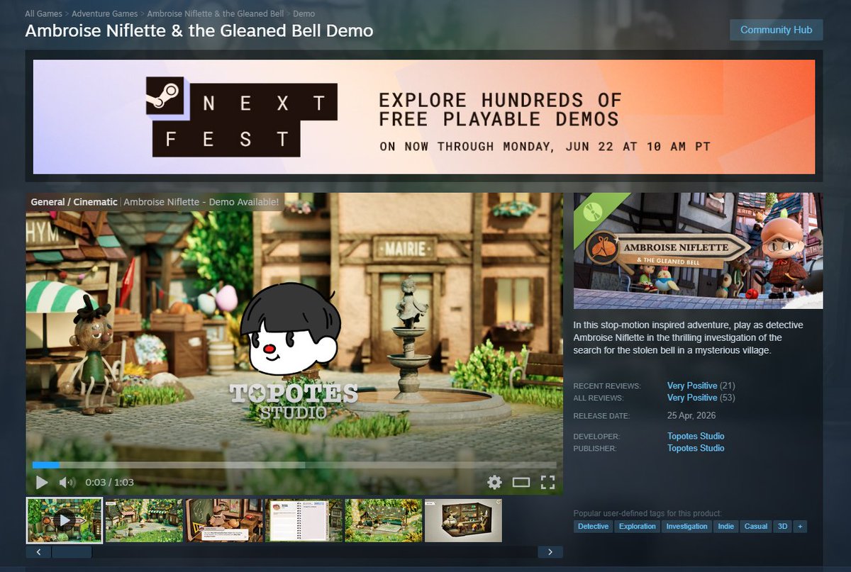 Topotes_Studio's tweet photo. Hi, Tomorrow is the end of Steam Next Fest but don't worry because our demo will still be available after and we will update it with new languages during the summer! #indiedev #SteamNextFest 💌 https://t.co/4eZ3B5vzVe https://t.co/R4UoG1VVX3