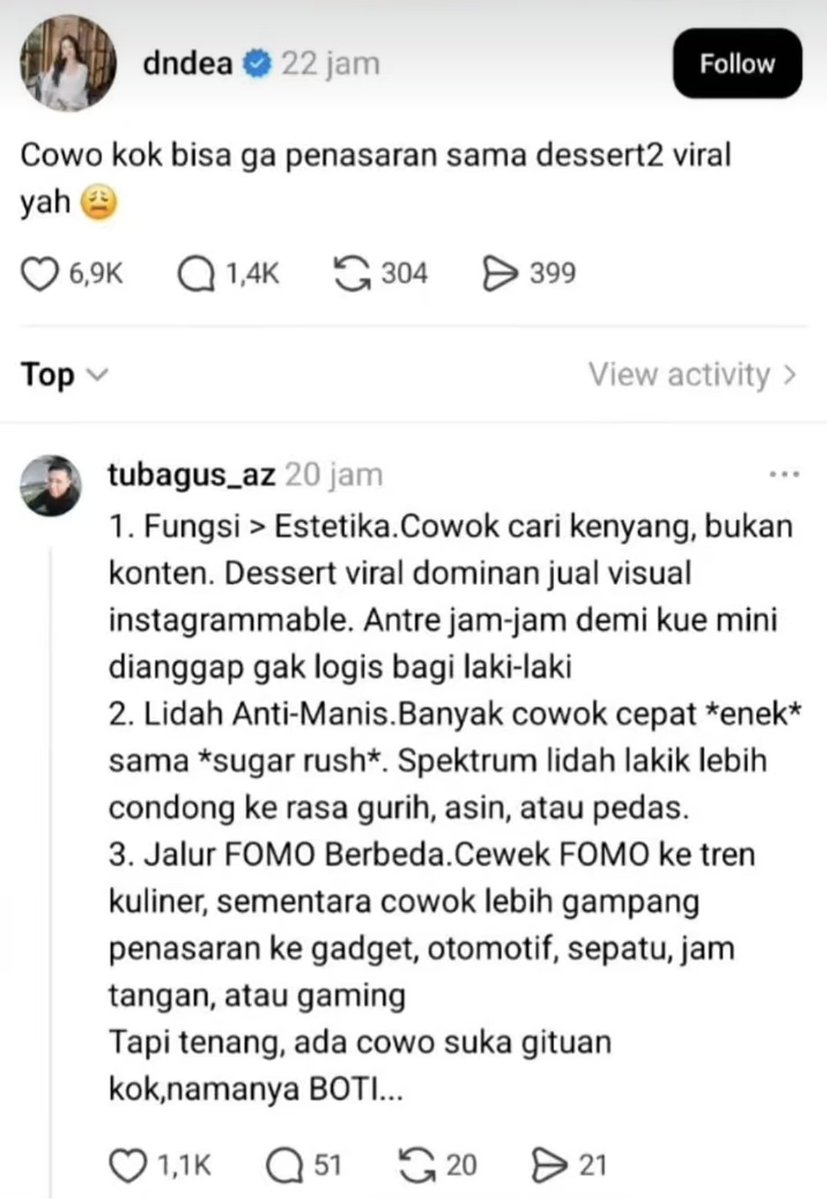 Hokben03's tweet photo. Lagi dan lagi generalisir orang yang suka sama dessert viral = Boti. Walau aku bukan orang yang gampang penasaran/fomo antri buat makanan/dessert viral, tapi bukan berarti bisa menggeneralisir orang lain sebagai BOTI. 

Sama kayak generalisir cowok makan seblak, minum matcha = BOTI.