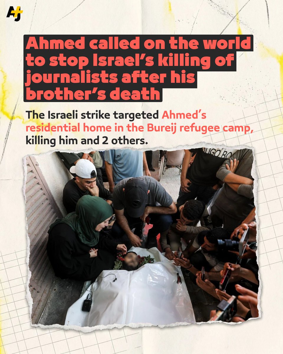 ajplus's tweet photo. Israel killed Al Jazeera cameraman Ahmed Wishah in Gaza, months after killing his brother Mohammed. 

Israel has now killed 12 media workers from the Al Jazeera Media Network in Gaza since Oct. 2023. https://t.co/GfZIXE31OW