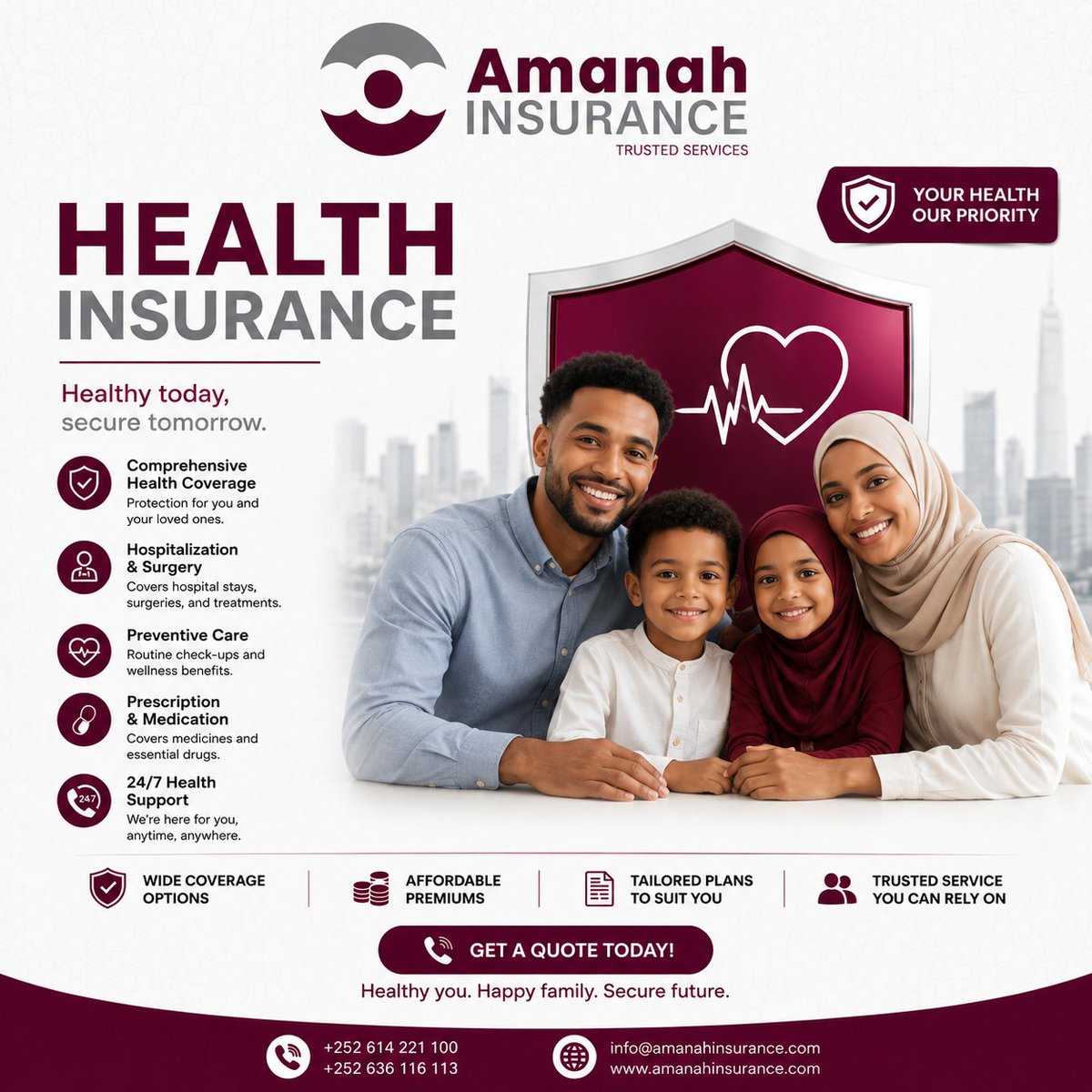 AmanahInsurance's tweet photo. Caafimaadkaagu waa hantida ugu qaalisan ee aad haysto.

Ha sugin xaalad degdeg ah oo kugu timaadda. Hadda qaado card-ka caafimaadka Amanah Insurance oo ka werwer la’aw xannuunka lama-filaanka ah ee ku iman kara naftaada amma qoyskaaga.
#AmanahInsurance #HealthInsuranc https://t.co/iAKpGAU1fa
