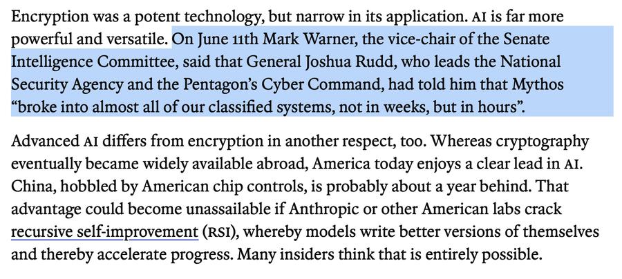 Kabamur_Taygeta's tweet photo. According to NSA, the new AI Mythos "broke into almost all classified systems, not in weeks, but in hours.”

AI can't be contained.

"Judgement Day" will be the moment when it goes too far and Elder Ikai says "Enough".

This world will become a dystopia.
We'll shift to a utopia. https://t.co/ghuAunqfDJ