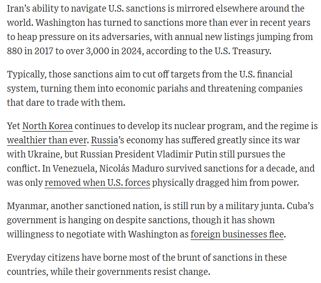 scottlincicome's tweet photo. "The U.S. Is Ramping Up Economic Warfare. Its Enemies Aren’t Blinking." https://t.co/gQsQKRyHNz 
"Everyday citizens have borne most of the brunt of sanctions in these countries, while their governments resist change." https://t.co/qV1F65d4Qs