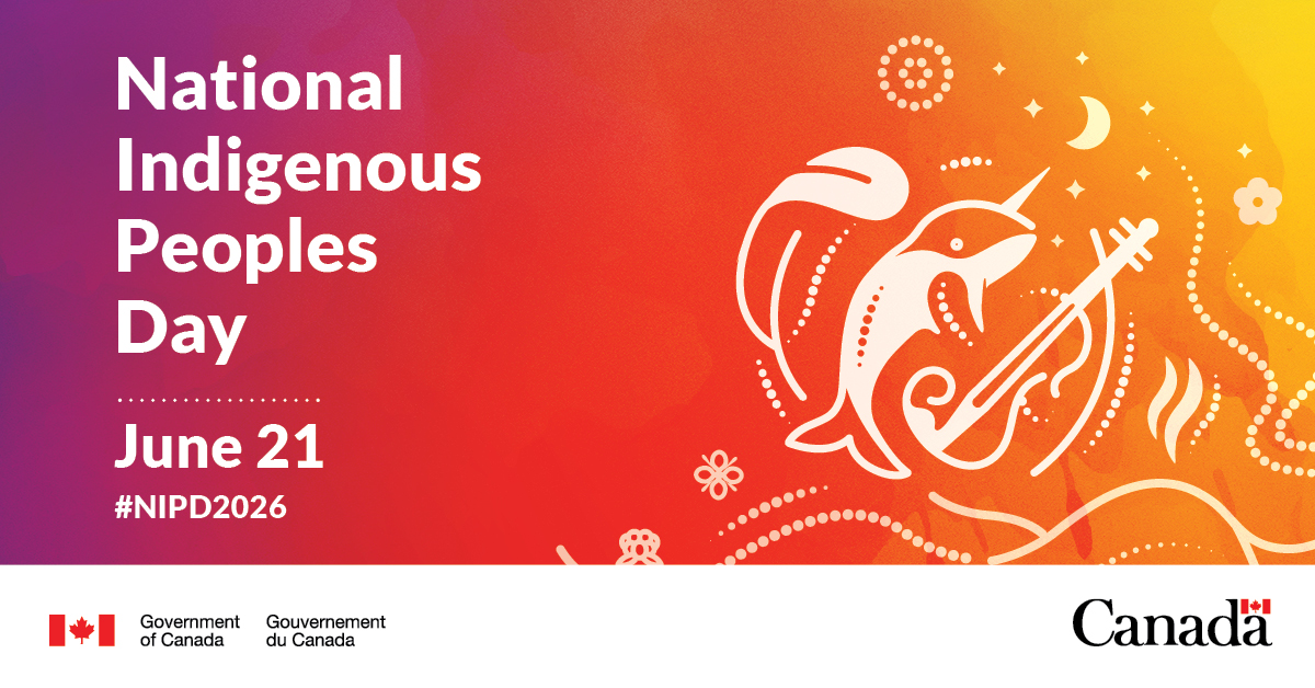 An image featuring intertwined symbols representing First Nations, Inuit and Métis: a feather, a narwhal and a fiddle. They appear in white against a vibrant gradient background evoking the warm light of the longest day of the year. Surrounding these central symbols are decorative elements illustrating other aspects of First Nations, Inuit and Métis cultures.

Text:
National Indigenous Peoples Day
June 21
#NIPD2026