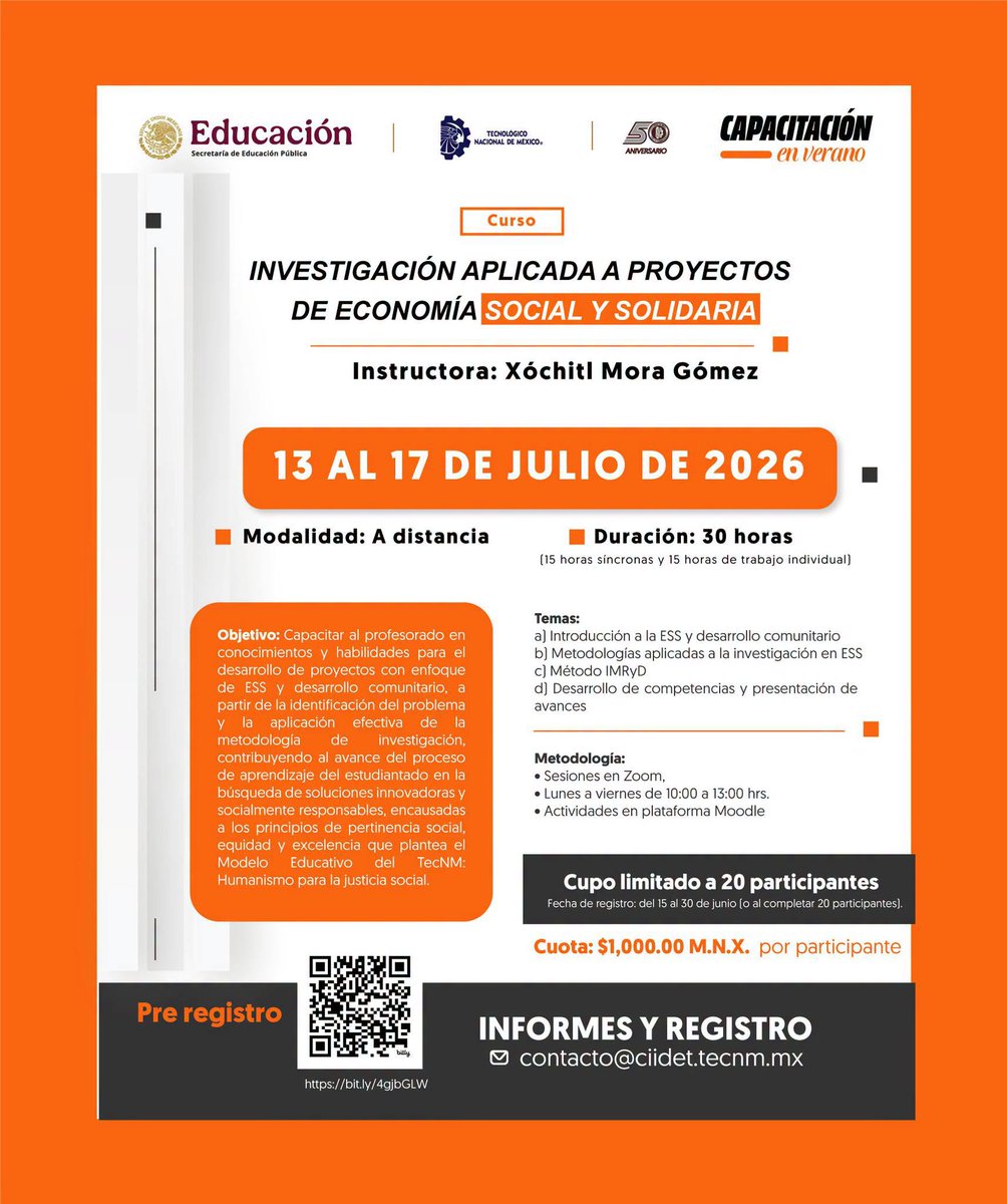 CIIDET's tweet photo. 📷📷 Capacitación de Verano 2026

Este verano fortalece tus competencias en investigación con enfoque social participando en el curso:
📷 INVESTIGACIÓN APLICADA A PROYECTOS DE ECONOMÍA SOCIAL Y SOLIDARIA

📷 Pre-registro:
https://t.co/82gn2BjMLt https://t.co/HYWE6KJ6aL