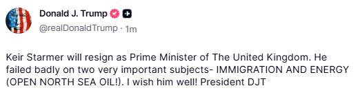 PolitlcsUK's tweet photo. 🚨 BREAKING: Donald Trump says Keir Starmer will resign as PM after he "failed badly" on immigration and energy https://t.co/Y2NmHNePYi
