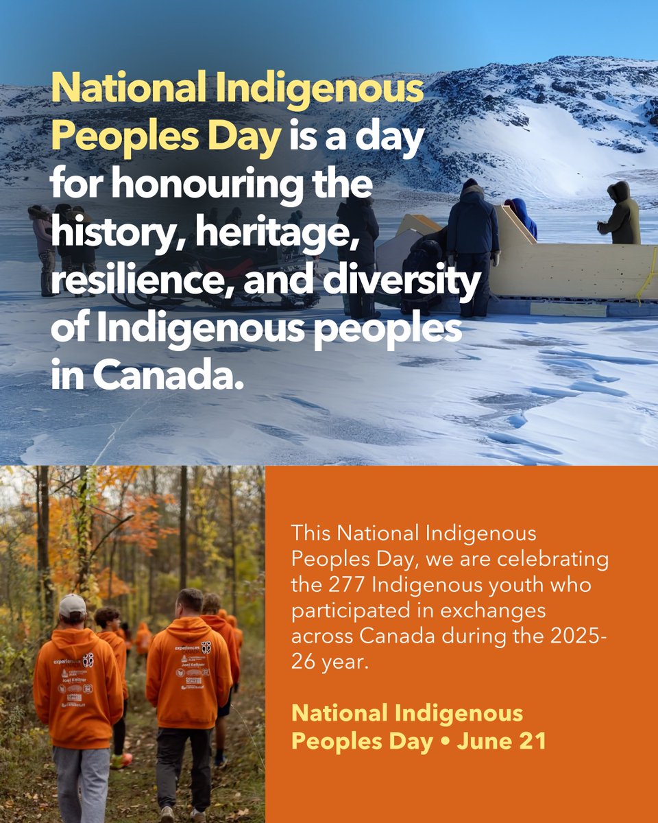 ExperiencesCAN's tweet photo. Today on #NationalIndigenousPeoplesDay, we honour the 277 Indigenous youth who made up 15% of our exchanges. 🧡 Our travel-funded youth exchange program empowers rural &amp; remote youth to lead vital cultural conversations. 

Explore Resources: https://t.co/ls5aYiXPn2 

#NIPD2026 https://t.co/llDrnjZV2Y