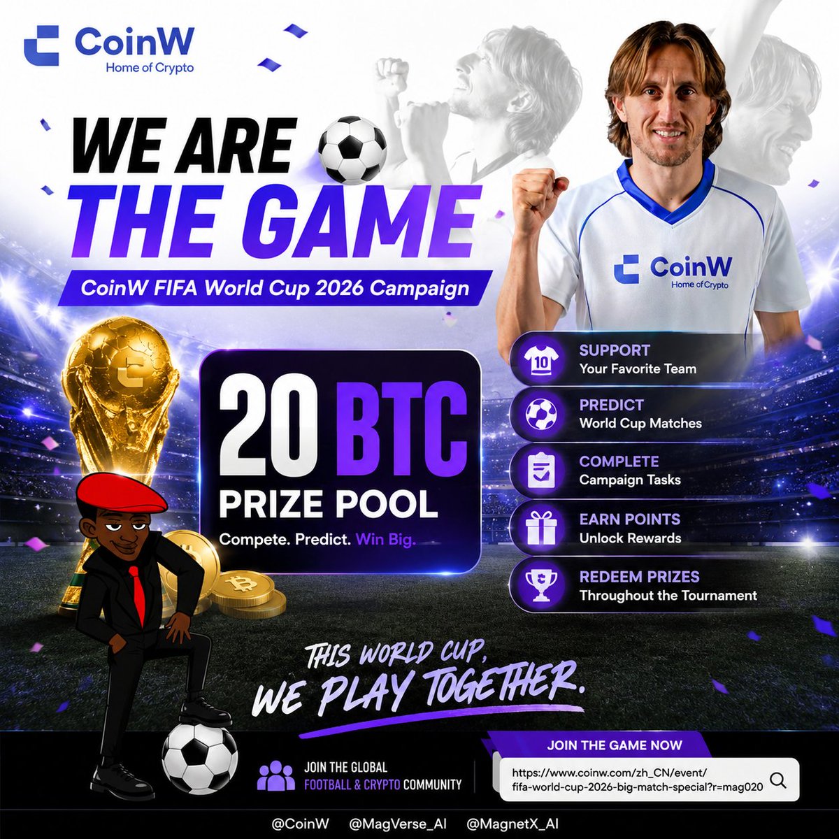 Richwa_y's tweet photo. The World Cup always creates heroes.

For me, one of the biggest stories this year is Portugal.

Maybe this is Cristiano Ronaldo's last World Cup. Maybe it isn't. But every match feels like history being written in real time.

That's why I've been enjoying CoinW's World Cup campaign.

Instead of just watching from the sidelines, fans can support their favorite national teams, make match predictions, complete campaign tasks, earn points, and compete for a share of a massive 20 BTC prize pool.

Football has always been about passion, predictions, and community.

Crypto just adds another layer to the experience.

WE ARE THE GAME ⚽

Which country are you backing to lift the trophy this year?

@CoinW @MagVerse_AI @MagnetX_AI

https://t.co/oyTBhsnfUg