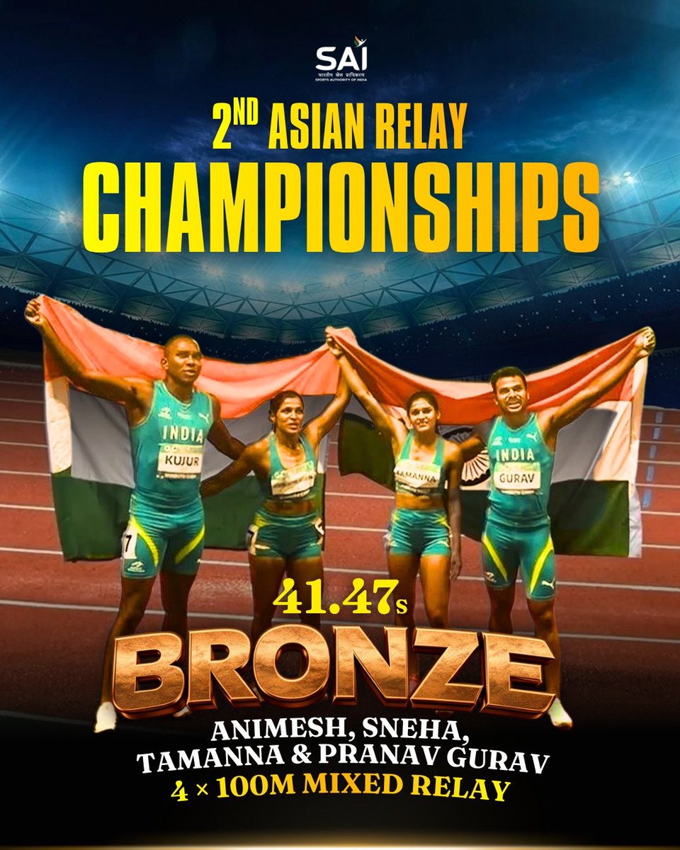 Media_SAI's tweet photo. 🏃‍♀️🏃‍♂️ Relay Power on Display! 🇮🇳🔥

A memorable outing for Team India at the 2nd Asian Relay Championships, showcasing speed, teamwork, and determination on the continental stage.

🥇 Women's 4x100m Relay – Gold (43.85s)
🥈 4x400m Mixed Relay – Silver (3:17.06s)
🥉 4x100m Mixed Relay – Bronze (41.47s)

Three relay events, three medals, one proud nation! 🇮🇳💪

#AsianRelayChampionships #TeamIndia #RelayRace #Athletics