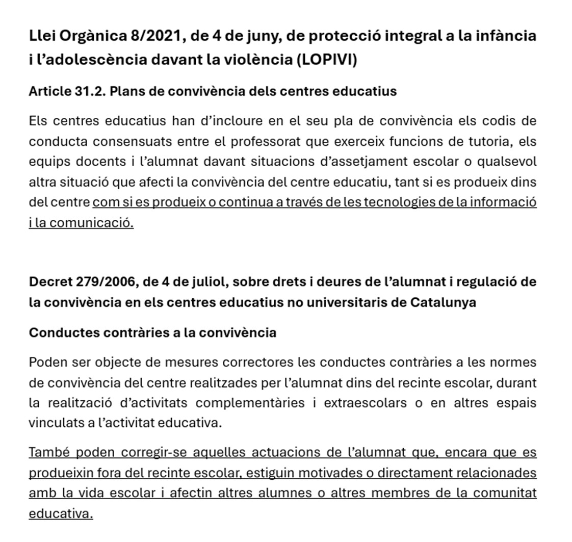 batequista's tweet photo. Quan una família exigeix a l'escola que solucioni una situació d'assetjament que ha tingut lloc fora del centre i fora de l'horari i de les activitats escolars, està avalada per les següents lleis i el centre, tutors i direcció, s'hi han d'avenir. https://t.co/A94f1E2UXE