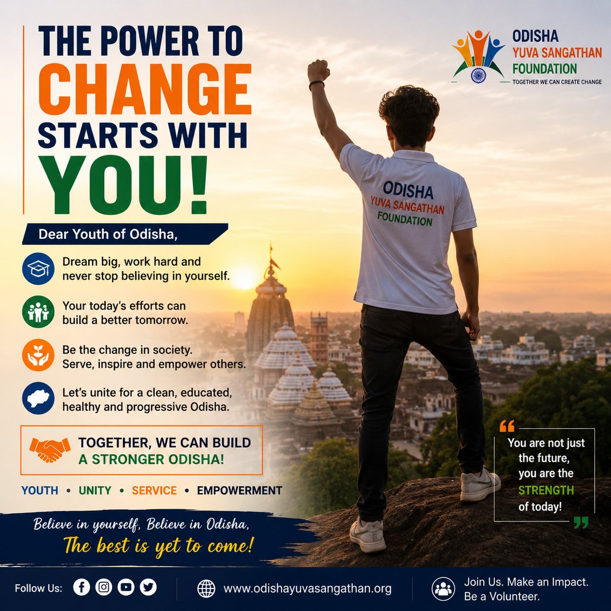 Odishayuva_1947's tweet photo. 🌟 Dear Youth of Odisha,

Believe in yourself. Dream big. Work hard.

Your actions today will shape the future of Odisha tomorrow.

Together, let's build a stronger, educated, and empowered Odisha.

🤝 Odisha Yuva Sangathan Foundation

#YouthPower #TogetherWeCanCreateChange https://t.co/abybjOUsBz