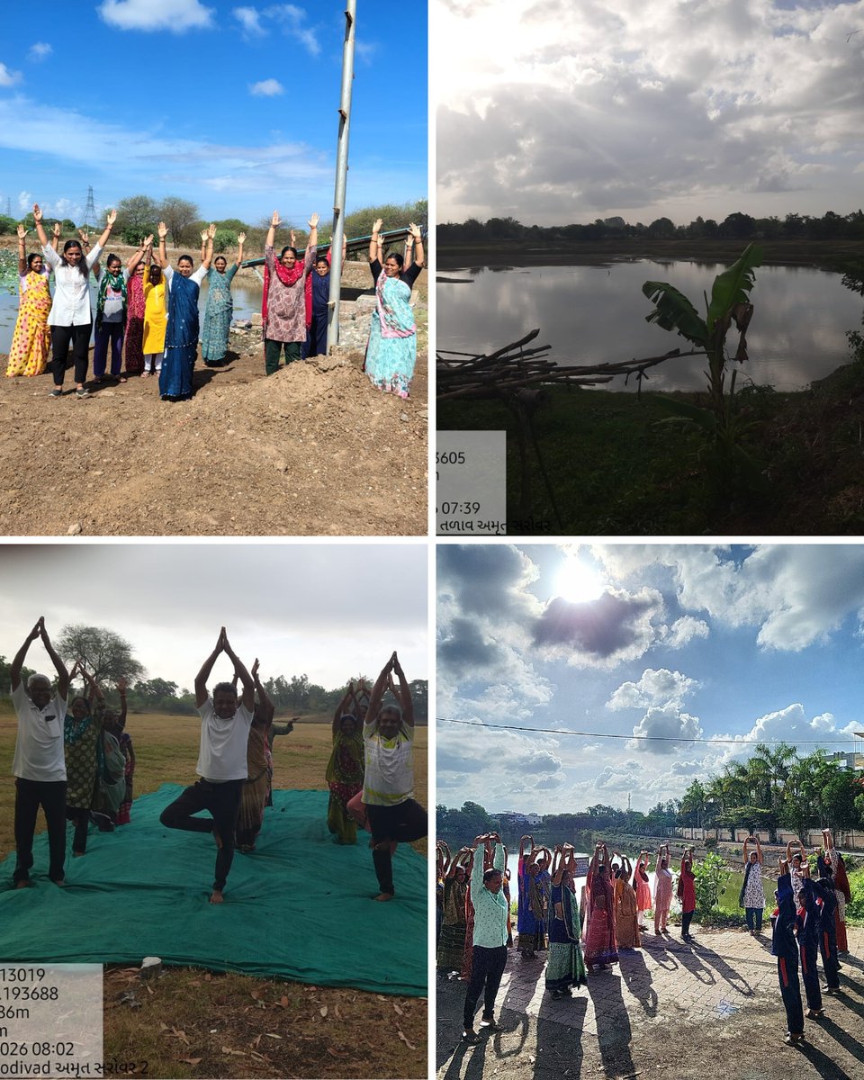 MgnregaNavsari's tweet photo. વિશ્વ યોગ દિવસની ઉજવણીના ભાગરૂપે નવસારી જિલ્લાના કુલ - ૭૮ અમૃત સરોવરો ખાતે તાલુકા સ્ટાફ, ગ્રામ પંચાયતના પ્રતિનિધ��ઓ અને ગ્રામજનો દ્વારા યોગાભ્યાસ કરી વિશ્વ યોગ દિવસની ઉજવણી કરવામાં આવી.
#internationalyogaday https://t.co/pq8pC1plTy