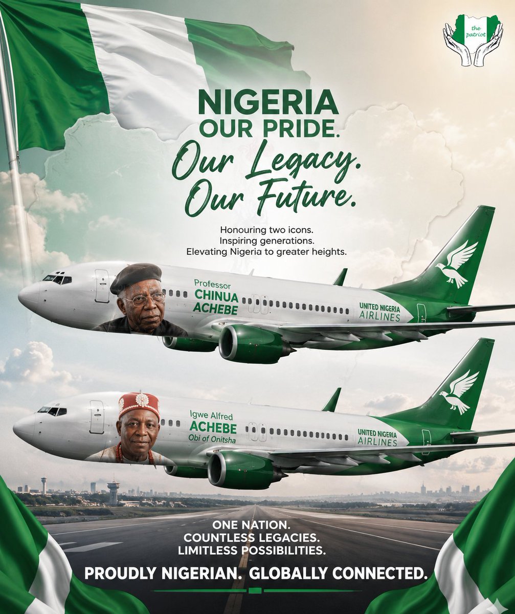 PatriotThe38286's tweet photo. Nigeria's story is filled with individuals whose achievements continue to inspire generations, and United Nigeria Airlines has chosen to honour two of such remarkable figures in a unique and lasting way.

The airline recently unveiled two Boeing 737-800NG aircraft named after the late Professor Chinua Achebe, one of Africa's most celebrated literary icons, and Igwe Alfred Achebe, the Obi of Onitsha, a respected traditional ruler and statesman whose influence extends beyond Nigeria's borders.

The gesture goes beyond aviation. It is a celebration of excellence, culture, leadership and national pride. Professor Achebe's works introduced the richness of African history and identity to the world, while Igwe Alfred Achebe has continued to promote peace, development and the preservation of Nigeria's cultural heritage.

The unveiling also reflects the growing confidence and progress within Nigeria's aviation industry. As reforms continue to strengthen the sector and infrastructure projects such as the Abia Airport @abiastategov development gather momentum, the industry is positioning itself as an important driver of economic growth, connectivity and national development.

By immortalising these distinguished Nigerians in the skies, United Nigeria Airlines has demonstrated that the nation's greatest assets are not only its resources but also its people.

 Their legacies serve as a reminder that Nigerian excellence continues to leave an enduring mark across literature, leadership, business, culture and innovation around the world.

This is more than the naming of aircraft. It is a celebration of a nation whose sons and daughters continue to elevate its image on the global stage and inspire future generations to dream bigger, lead better and achieve more.

NAIJA NA OUR OWN.

God bless the Federal Republic of Nigeria. 🇳🇬✨

You can reach us through our email: info@patriotng.com

or the following number : 07036368840

or +447878993459
