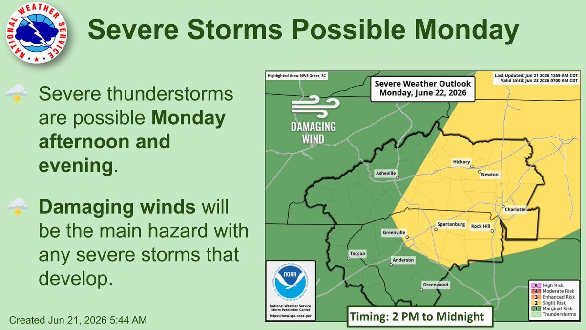 NWSGSP's tweet photo. Severe storms may develop ahead of and along an approaching cold front Monday afternoon and evening, anytime from 2 PM to Midnight. https://t.co/KFGkZjhuZx