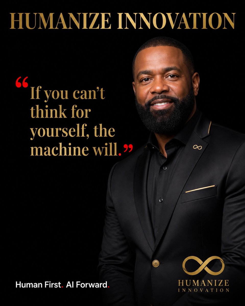 HumanizeFirst's tweet photo. Leaders are flooded by AI's infinite drafts, surrendering cognitive sovereignty. You're paid to stay coherent when environments aren't. If you can't think for yourself, the machine will, resulting in polished mediocrity. #HumanFirstAIForward #HumanDelta https://t.co/BUi2NLzias