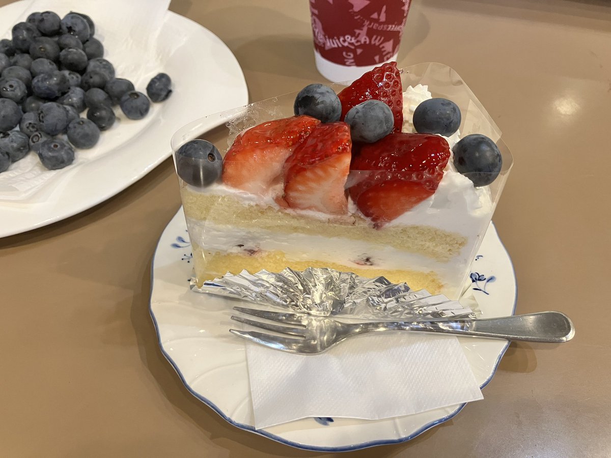 asako_flute's tweet photo. 出演後にお客様と同じケーキをいただきました。
今朝詰みたてという地元のブルーベリーまでのったショートケーキ✨
とっても美味しかったです😍
なんと生産者の方からブルーベリーのお土産までいただきました！ https://t.co/5AJFZMMqzK