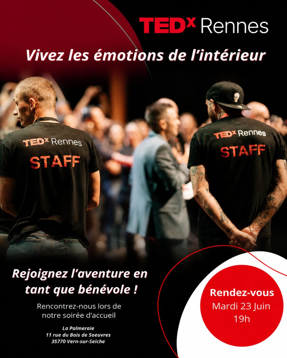 TEDxRennes's tweet photo. Et si la prochaine aventure TEDxRennes était la vôtre ?

🎥https://t.co/AiZAQPfz7H

📅 23 juin • 19h
📍 La Palmeraie, 11 Rue du Bois de Soeuvres, 35770 Vern-Sur-Seiche

Venez découvrir nos missions bénévoles.

#TEDxRennes #Bénévolat #Rennes https://t.co/rx9Z7pqEnt